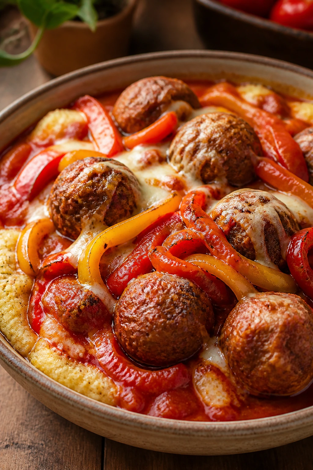 Close-up of Meatball Pepper Pizza Bowl with marinara in a rustic kitchen