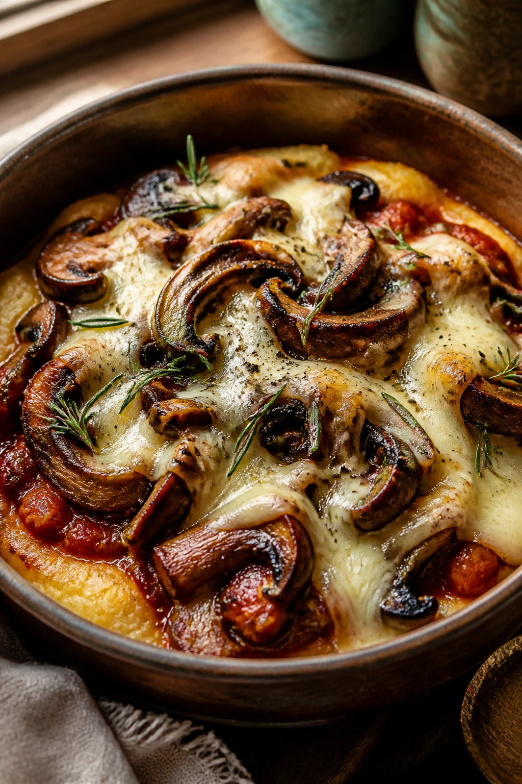 Close-up of Mushroom Taleggio Rosemary Pizza Bowl with polenta base in warm kitchen