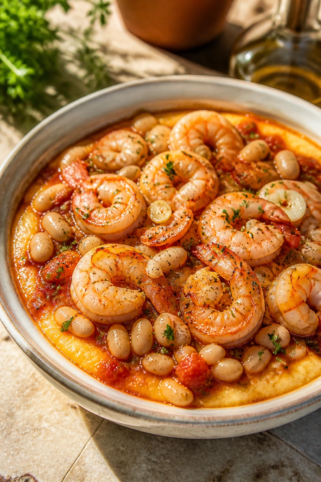 Close-up of Shrimp Garlic White Bean Pizza Bowl in a sunlit kitchen