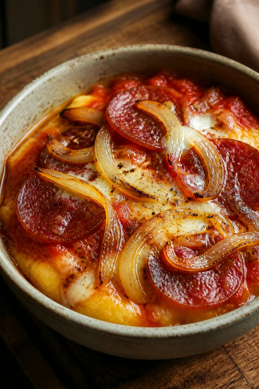 Close-up of Polenta Soppressata Onion Pizza Bowl in a warm kitchen