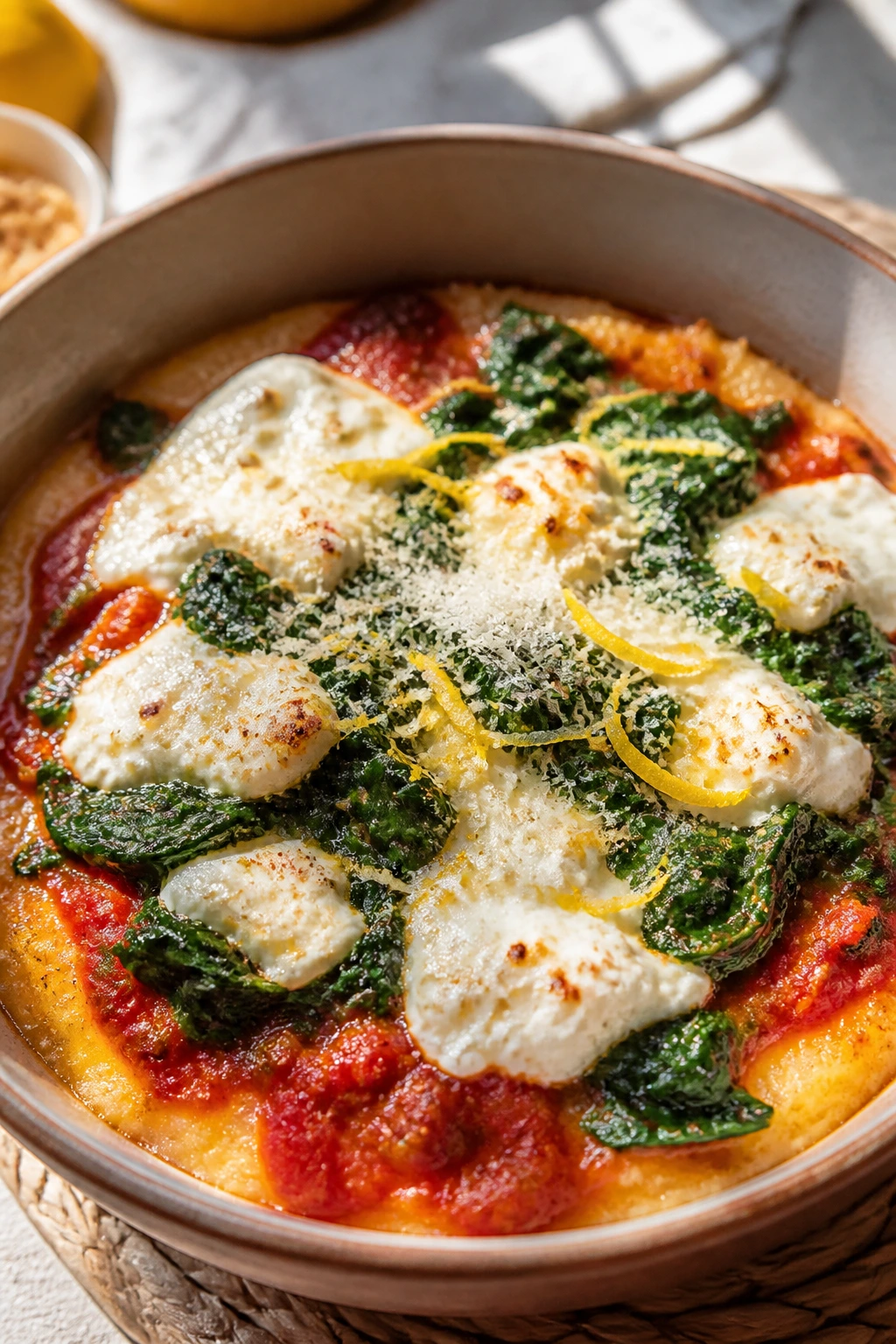 Close-up of Spinach Ricotta Lemon Pizza Bowl in a bright kitchen