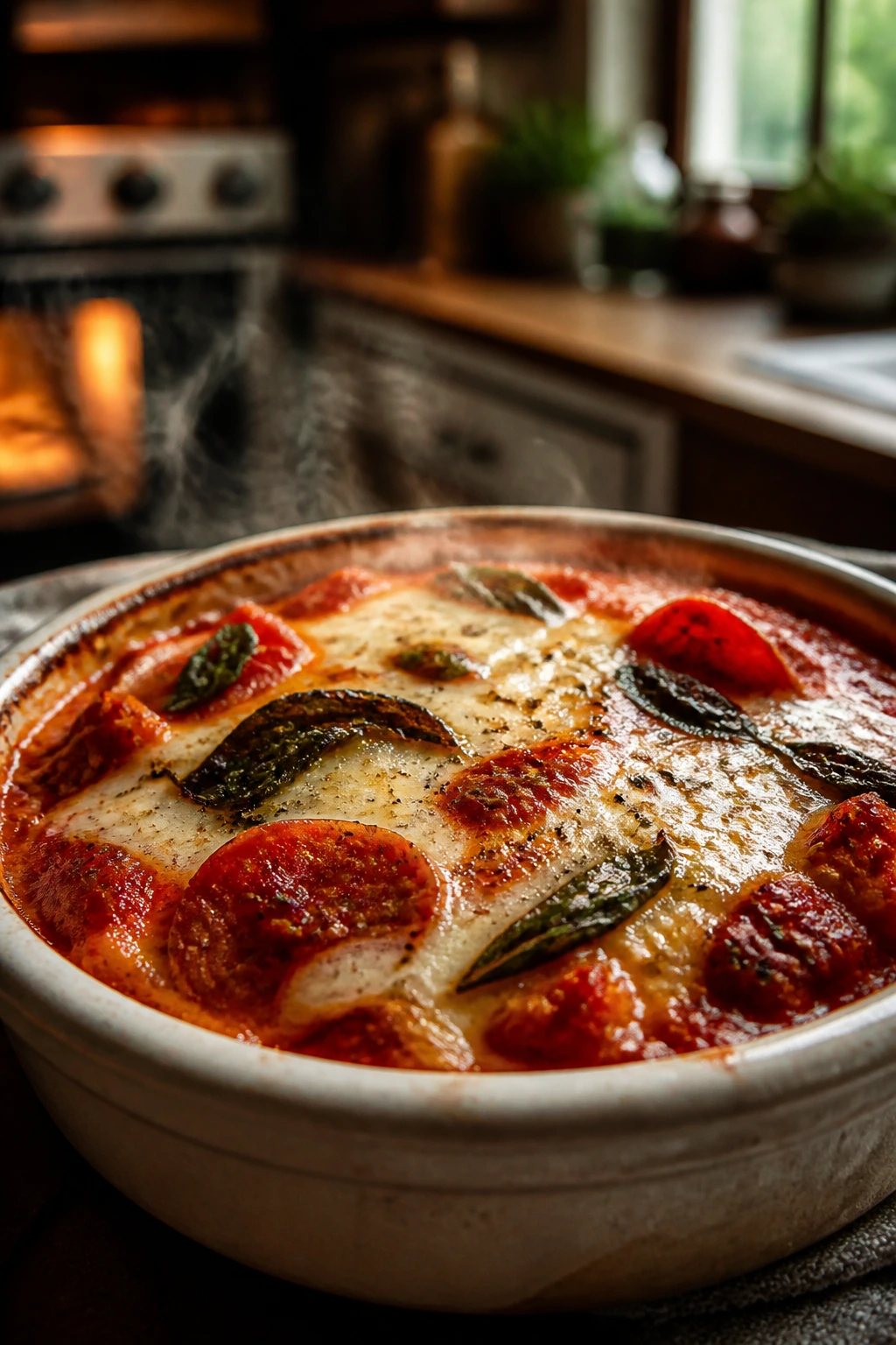 Close-up of bubbling tomato-sauce pizza bowl in a ceramic dish ready to reheat in a kitchen