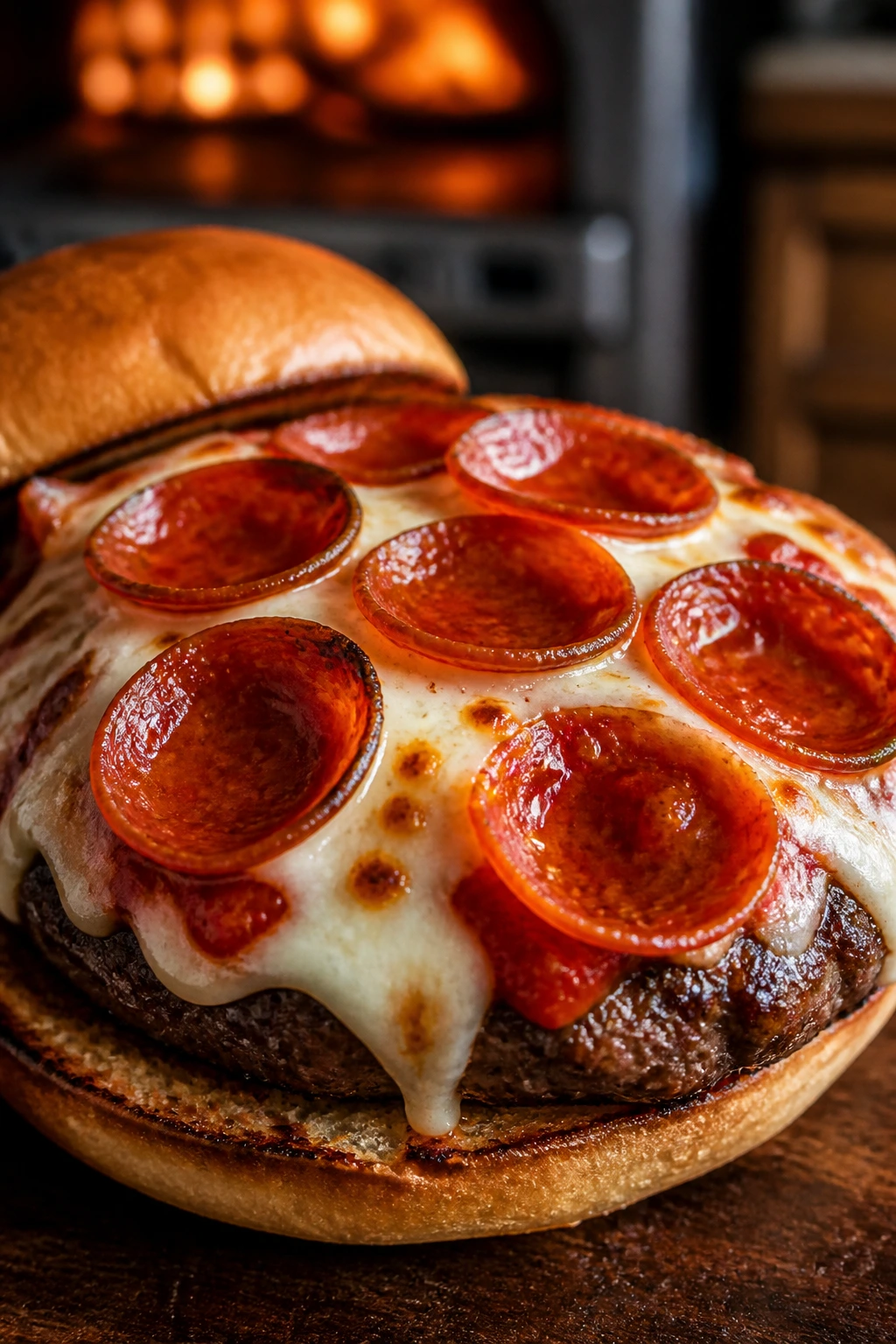 Burger topped with mozzarella, marinara, and pepperoni close-up
