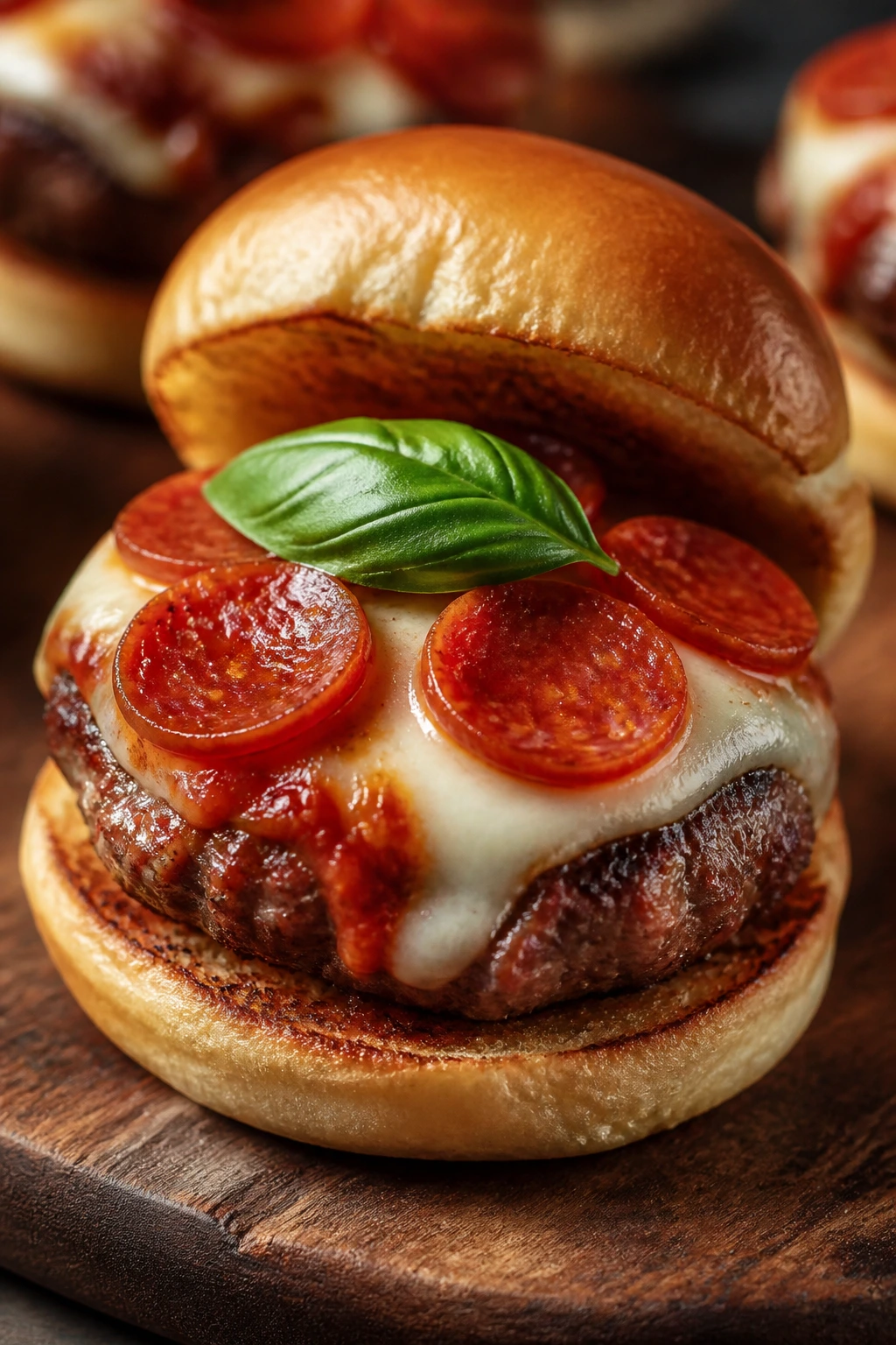 Close-up of pizza-inspired mini burger with marinara, mozzarella, pepperoni