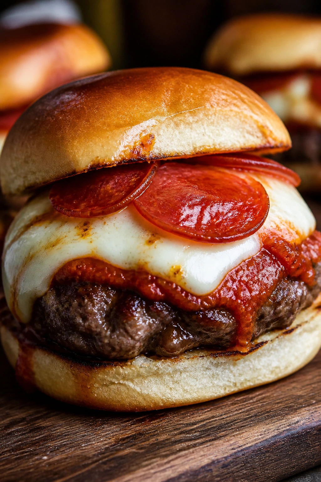 Close-up of Pizza Burger Slider with mozzarella and pepperoni on marinara