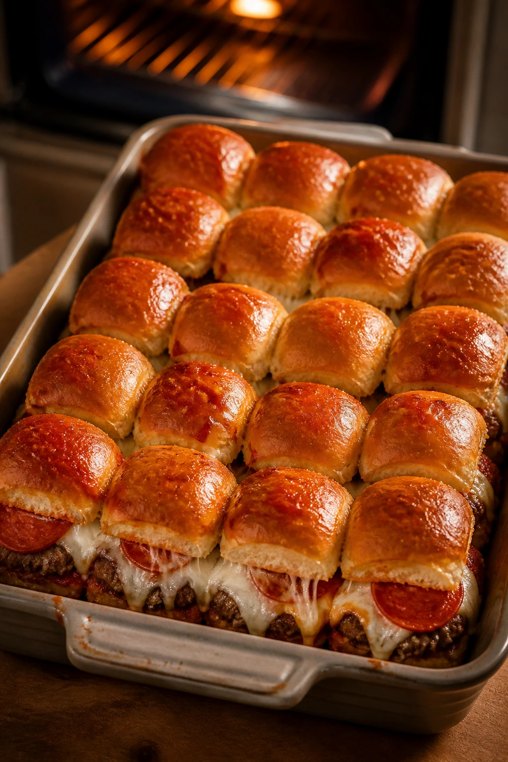 Close-up of pizza-flavored cheeseburger sliders in a baking dish with melted cheese and pepperoni