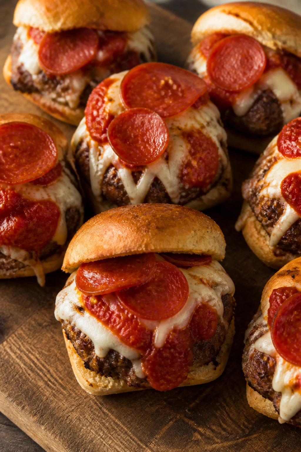 Pizza-inspired sliders with marinara, mozzarella, and pepperoni on a wooden board