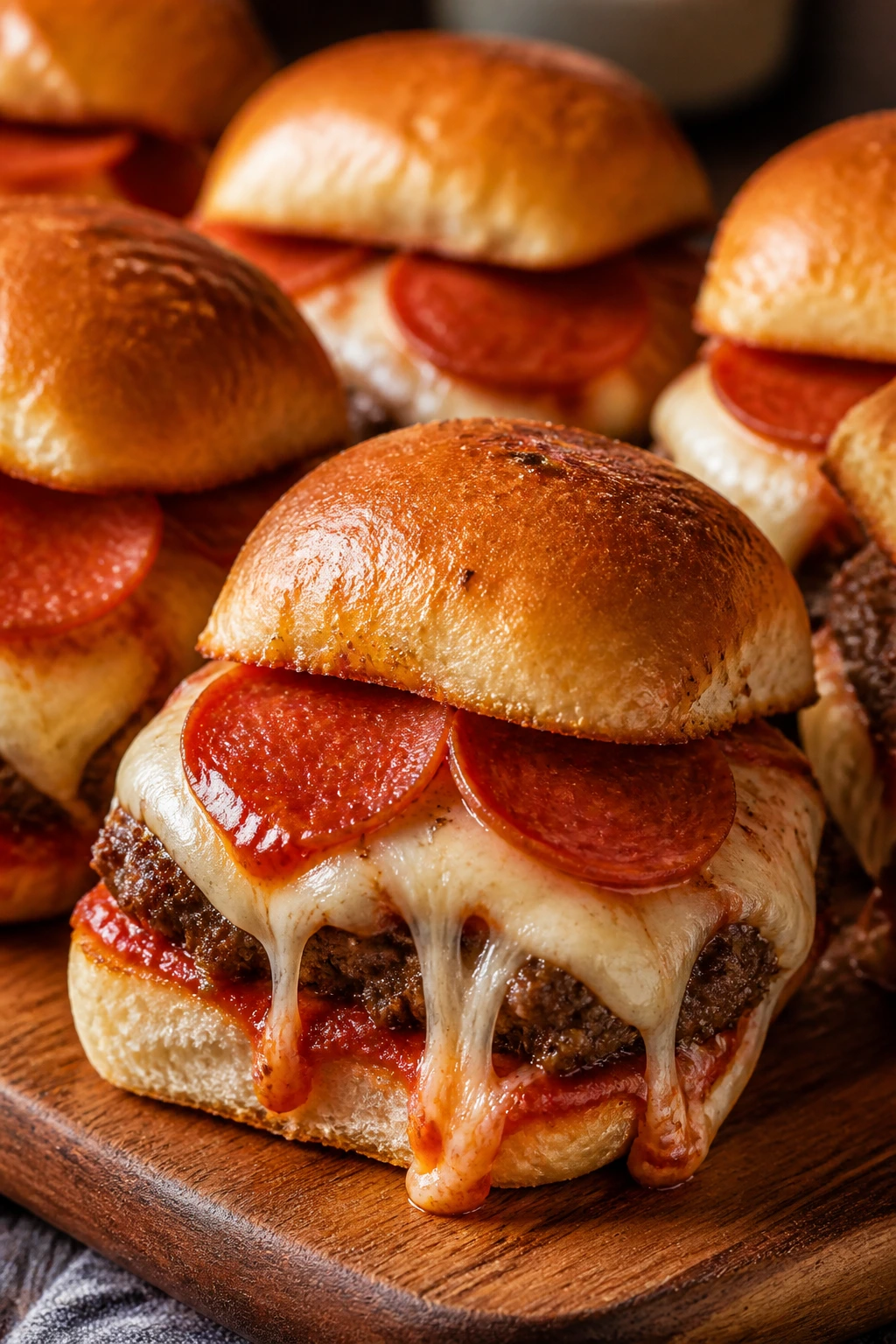 Close-up of Pizza Cheeseburger Sliders with mozzarella and pepperoni