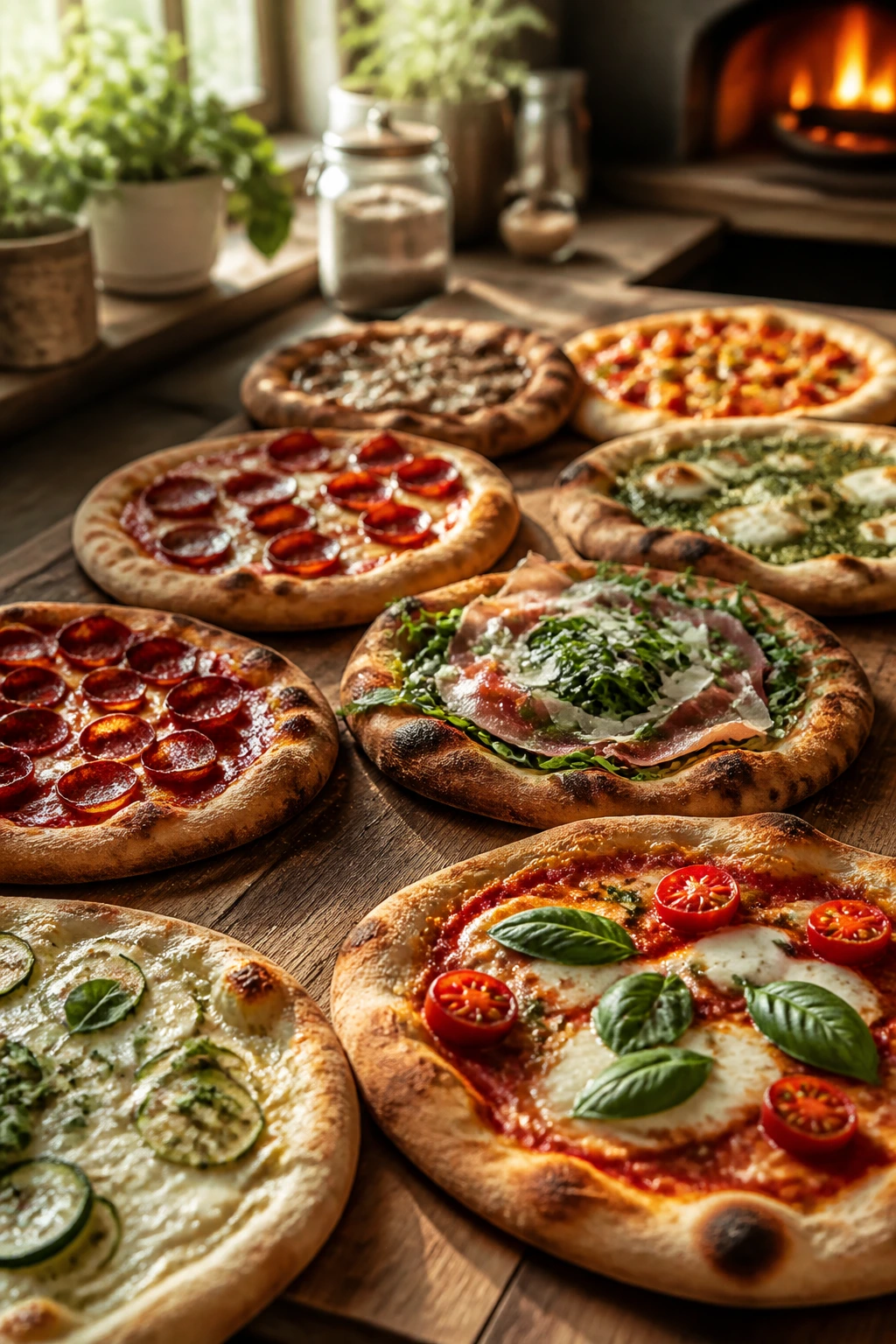 Close-up of a curated collection of pizzas on a wooden board in a warm kitchen.