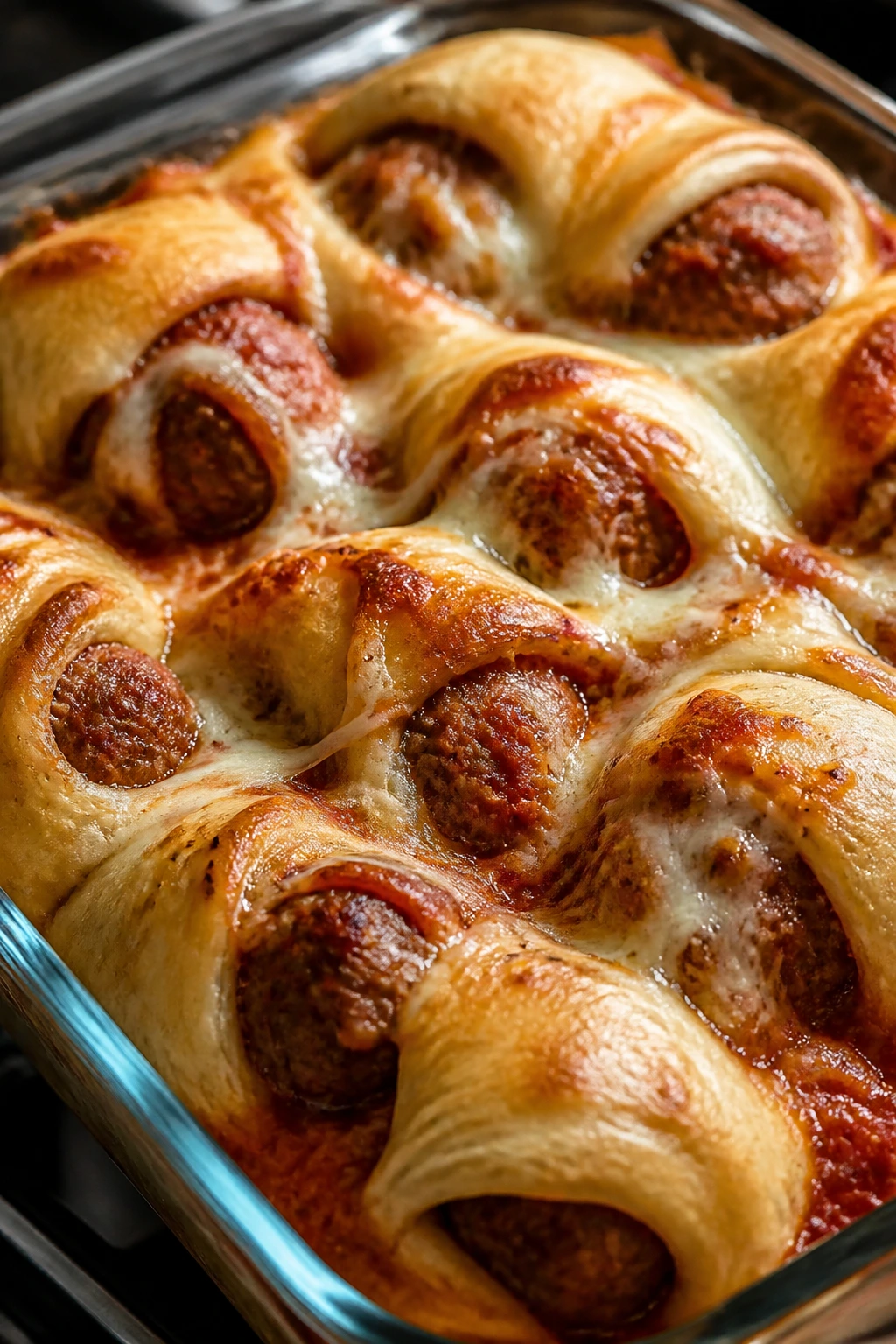 Crescent dough meatball bake with bubbling sauce and cheese