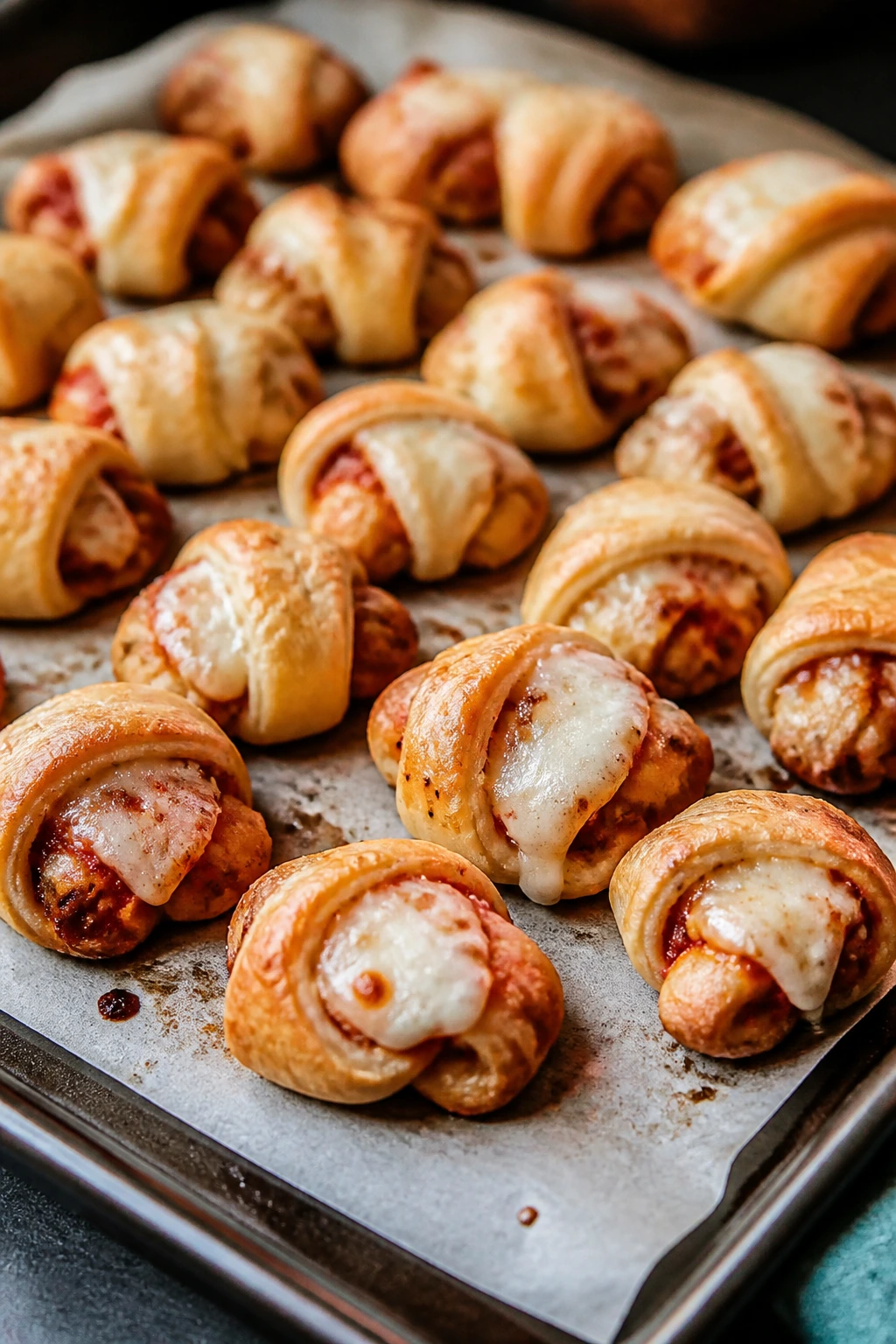 Close-up of pizza crescent roll bites on a tray