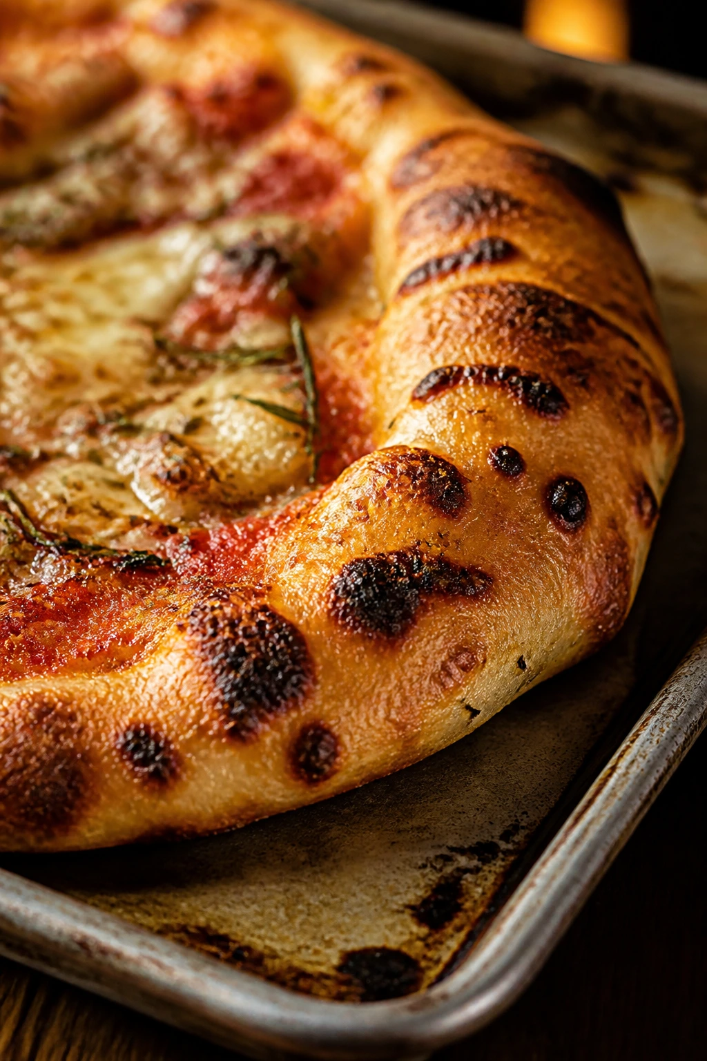 Close-up of blistered golden pizza crust edge on a pan in a warm kitchen