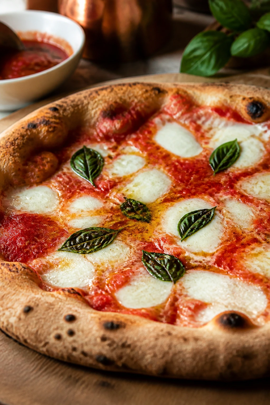 Pizza with a crisp center and visible sauce pockets.