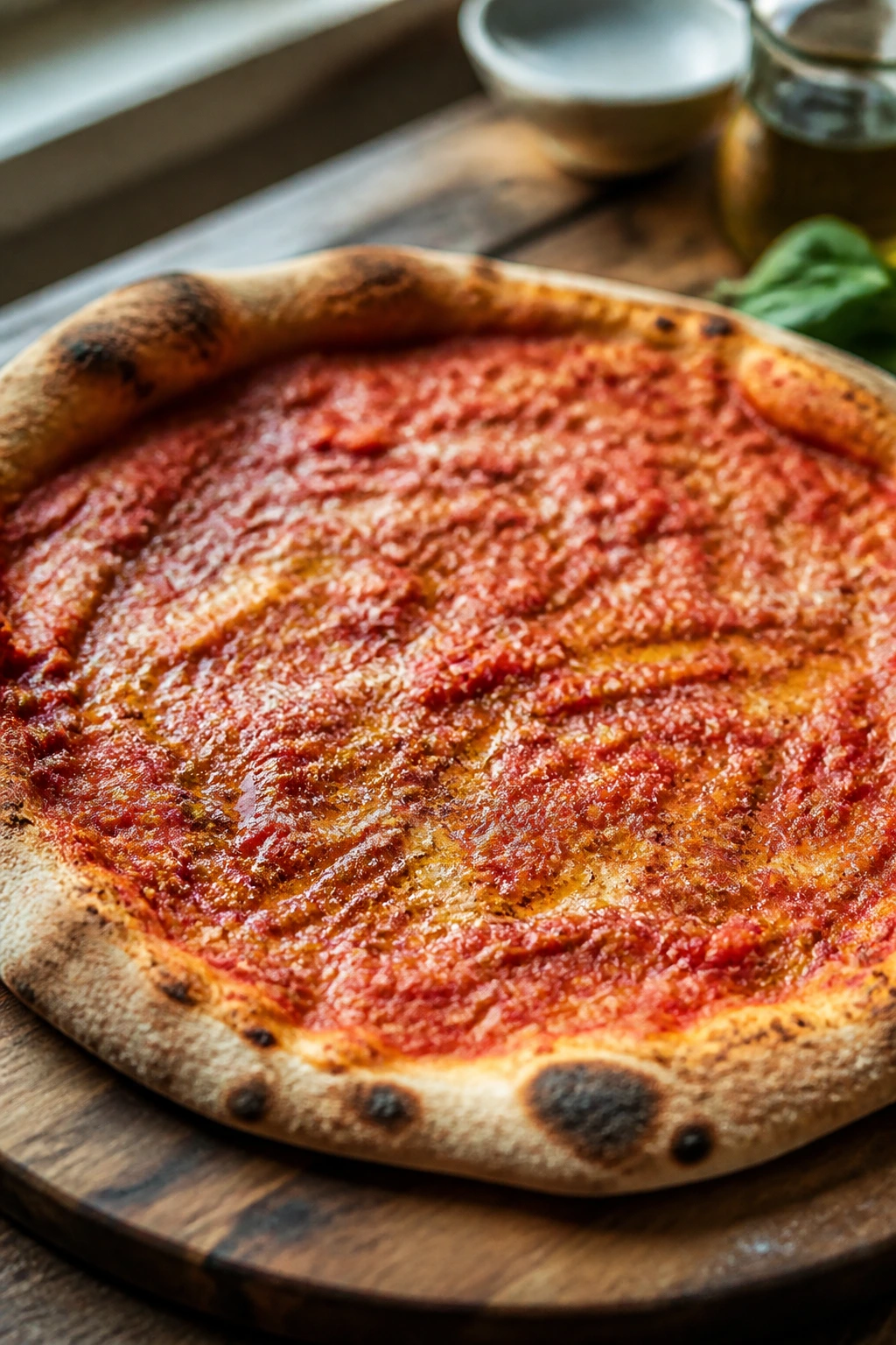 Minimalist pizza with crushed tomato sauce on a rustic board