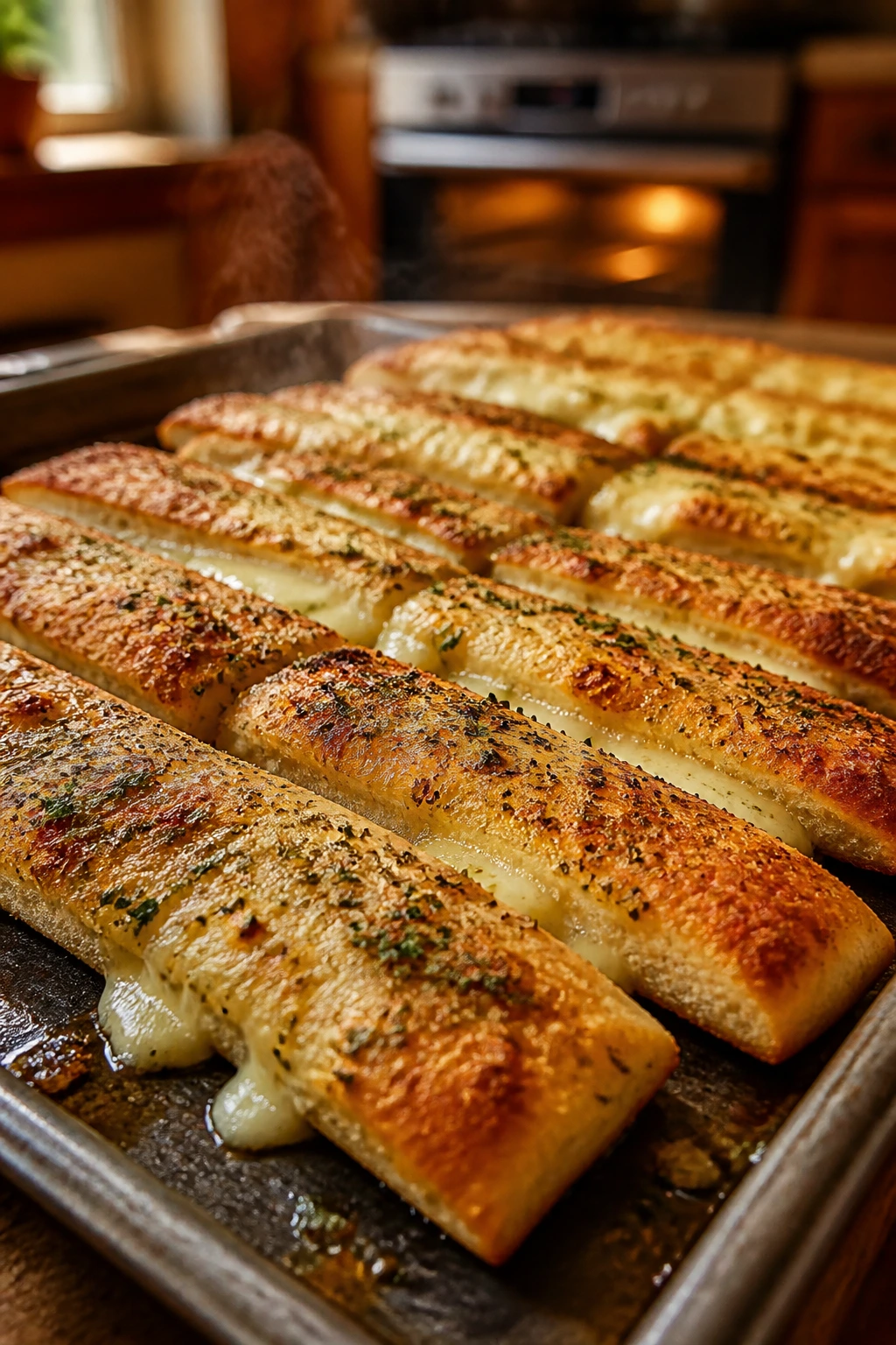 Close up of herb-garlic pizza dippers on a baking sheet