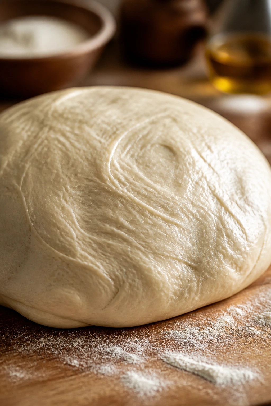 Dough ball on floured wooden surface with soft kitchen light