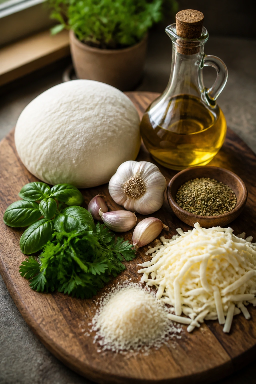 Ingredients arranged on wooden board for herbed pizza dippers