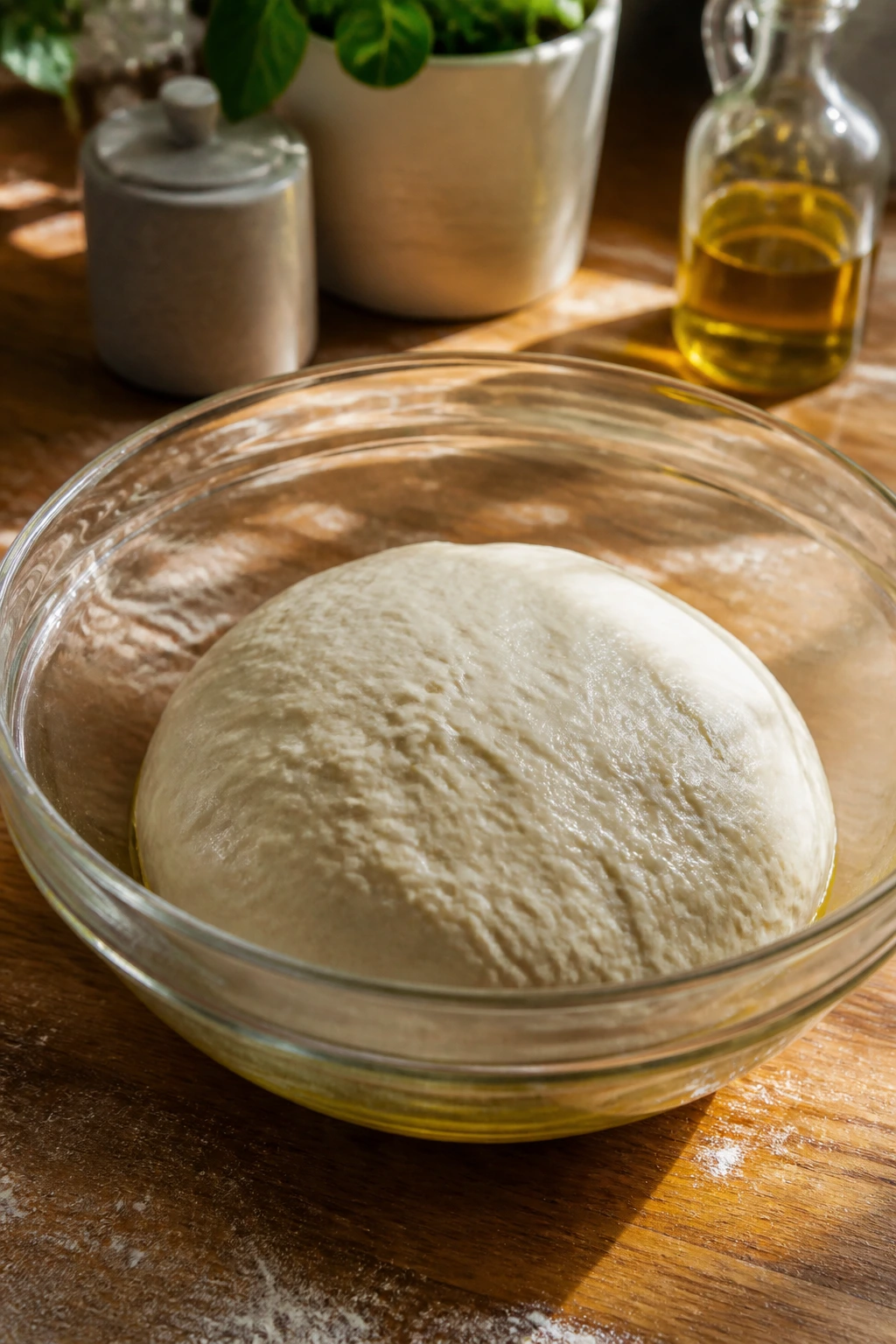 Dough ball in a lightly oiled bowl on wooden counter
