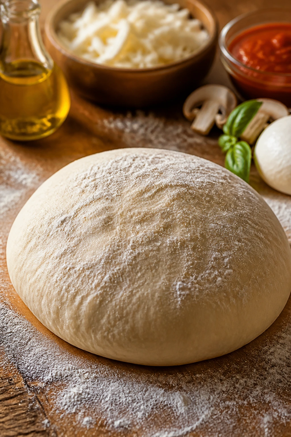 Close-up of pizza dough on a floured surface in a kitchen
