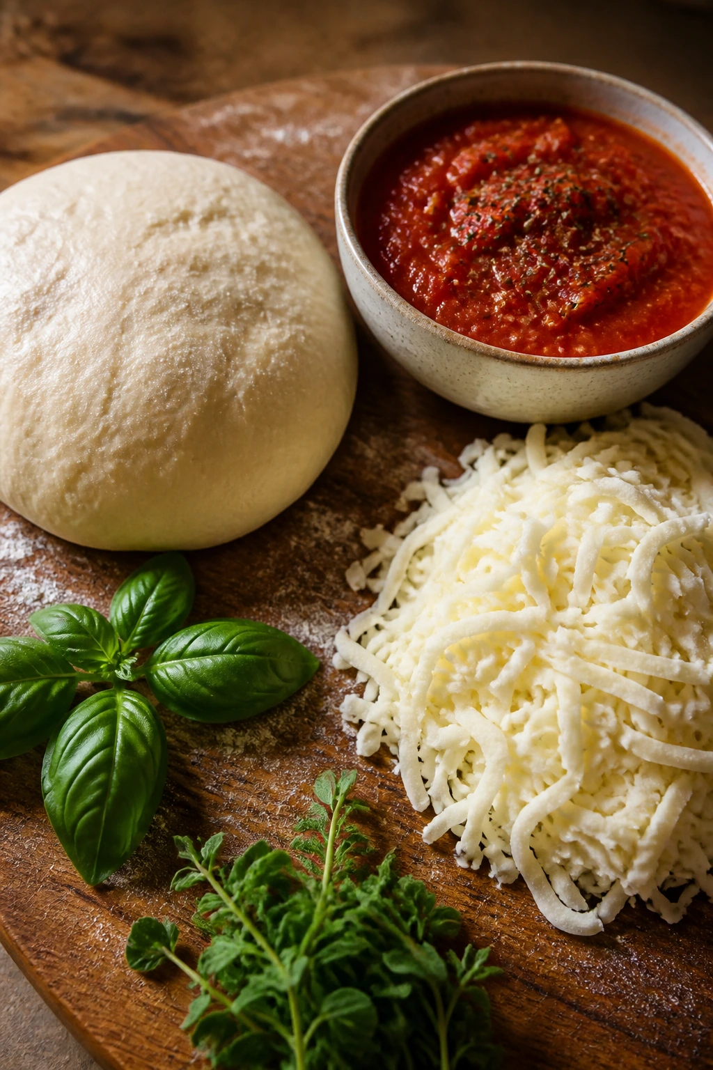 Top-down view of dough, crushed tomatoes, and mozzarella on a wooden board