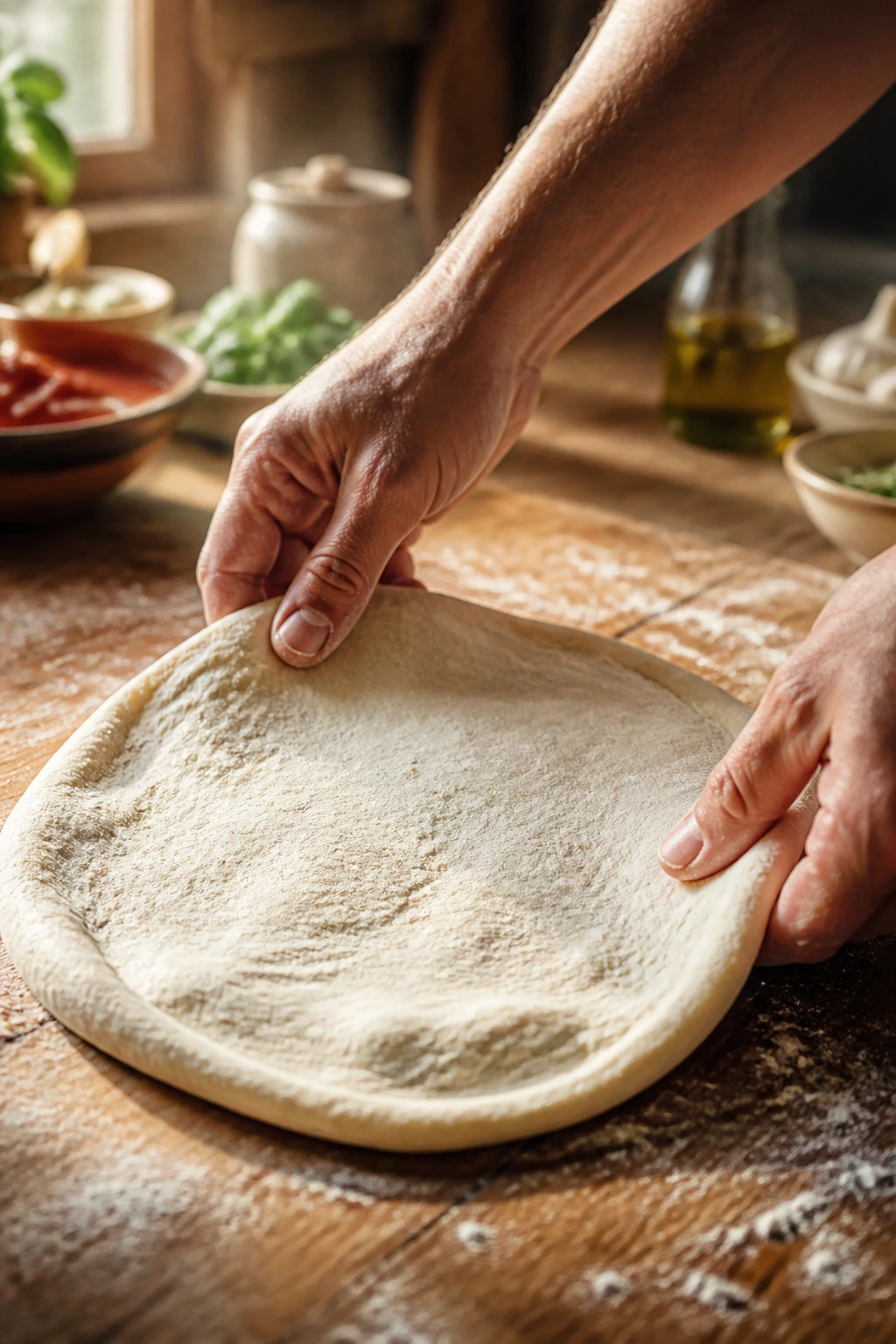 Hands shaping round pizza dough on a floured surface