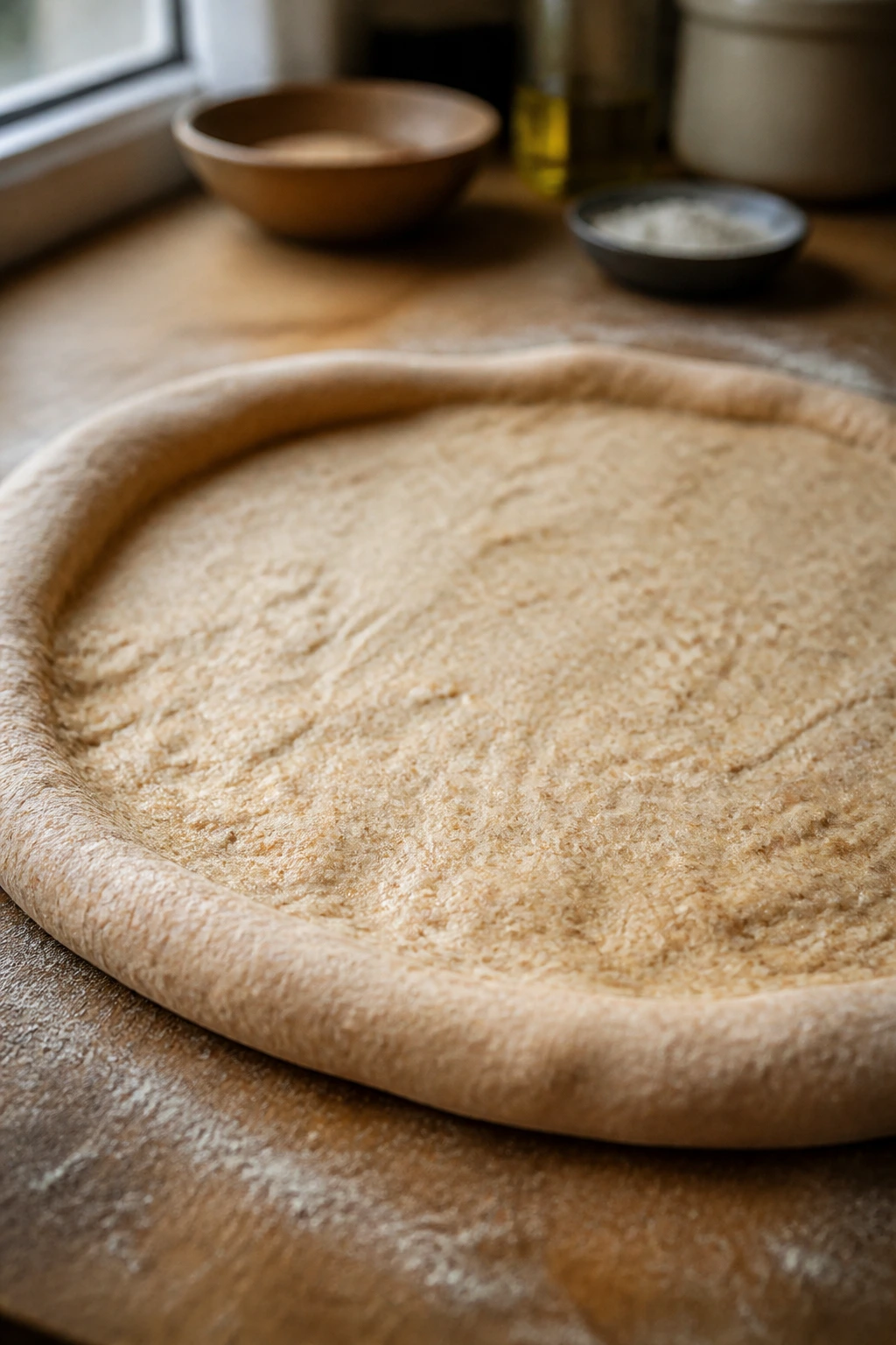 Close-up of hand-stretched whole wheat pizza dough on floured counter