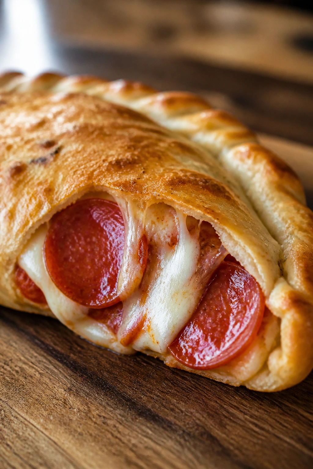 Close-up of pizza empanada with pepperoni and mozzarella