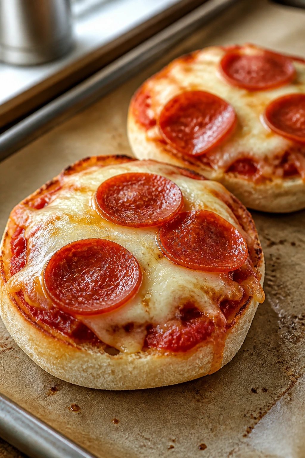 Close-up of two English muffins with sauce and cheese