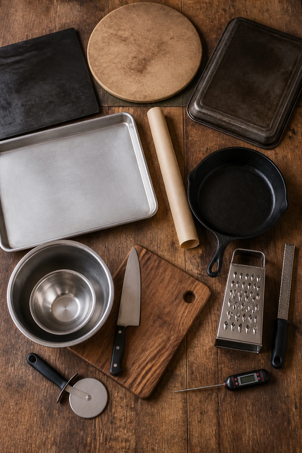 Top-down close-up of essential pizza equipment on wooden kitchen counter