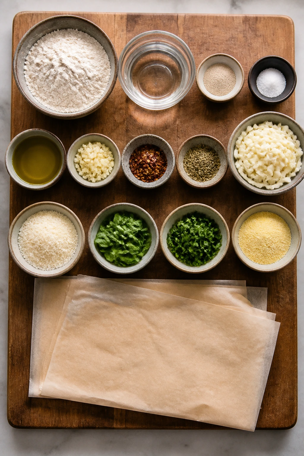 Overhead view of pizza ingredients arranged on a wooden board