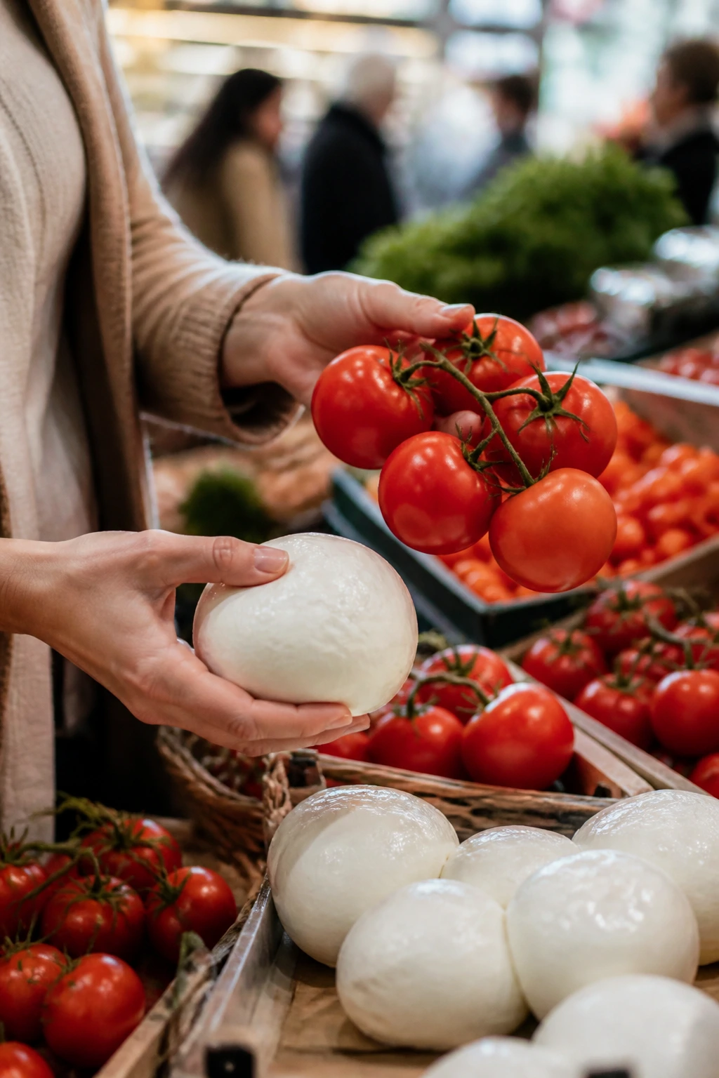Close-up of shopper's hands choosing tomatoes and mozzarella in a grocery store