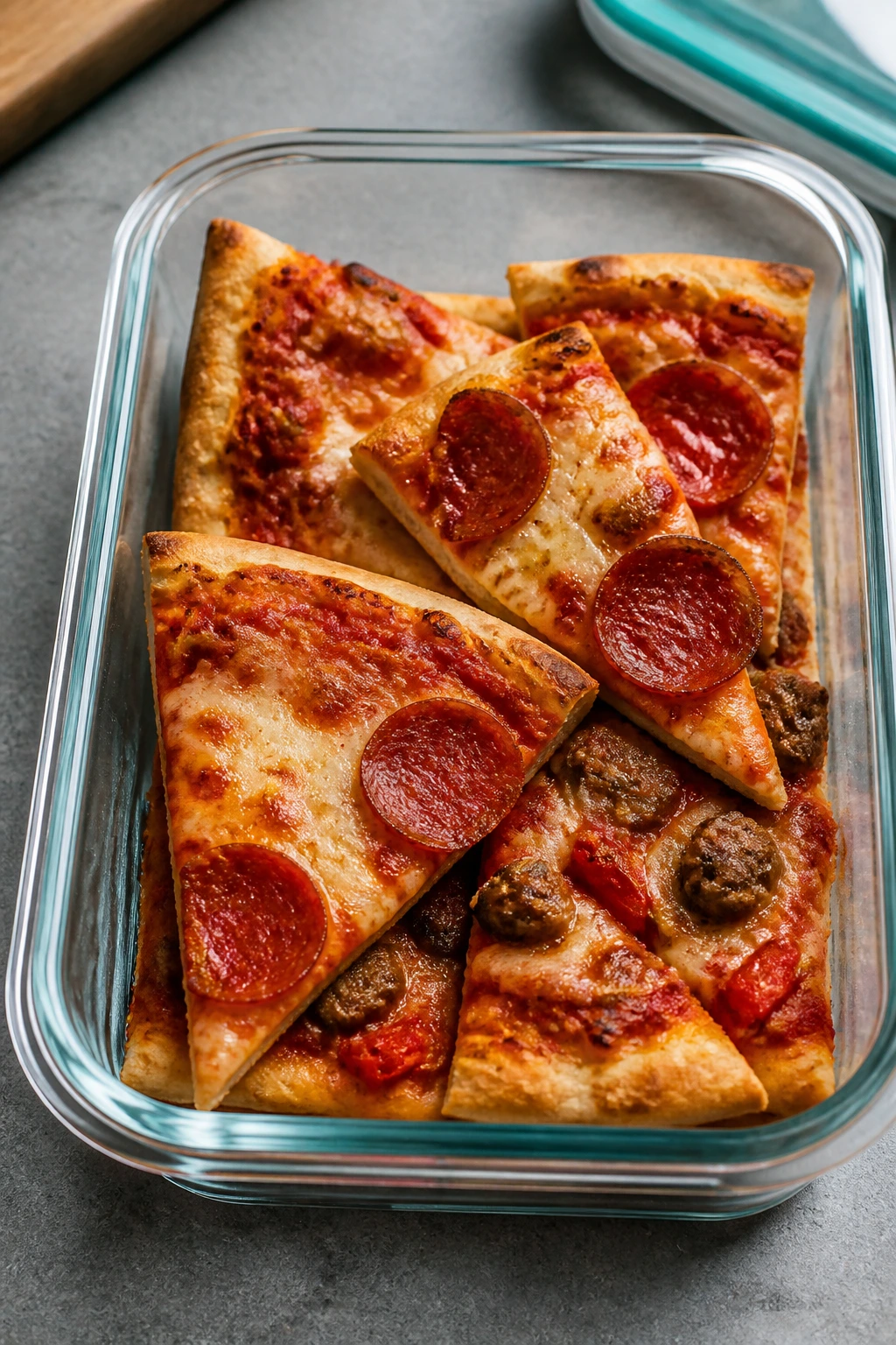 Airtight container with pizza slices for storage