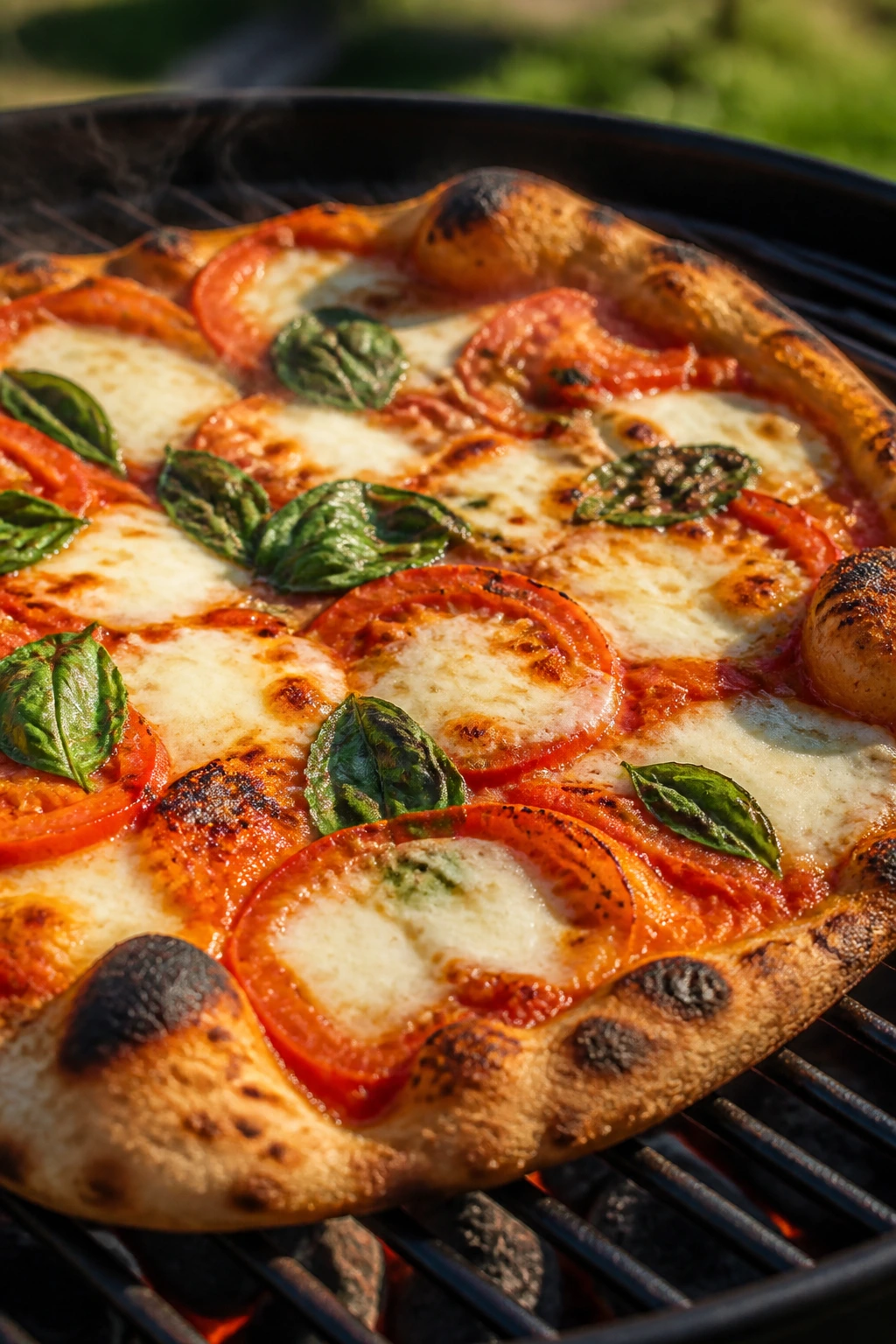 Blistered Margherita pizza on the grill with basil