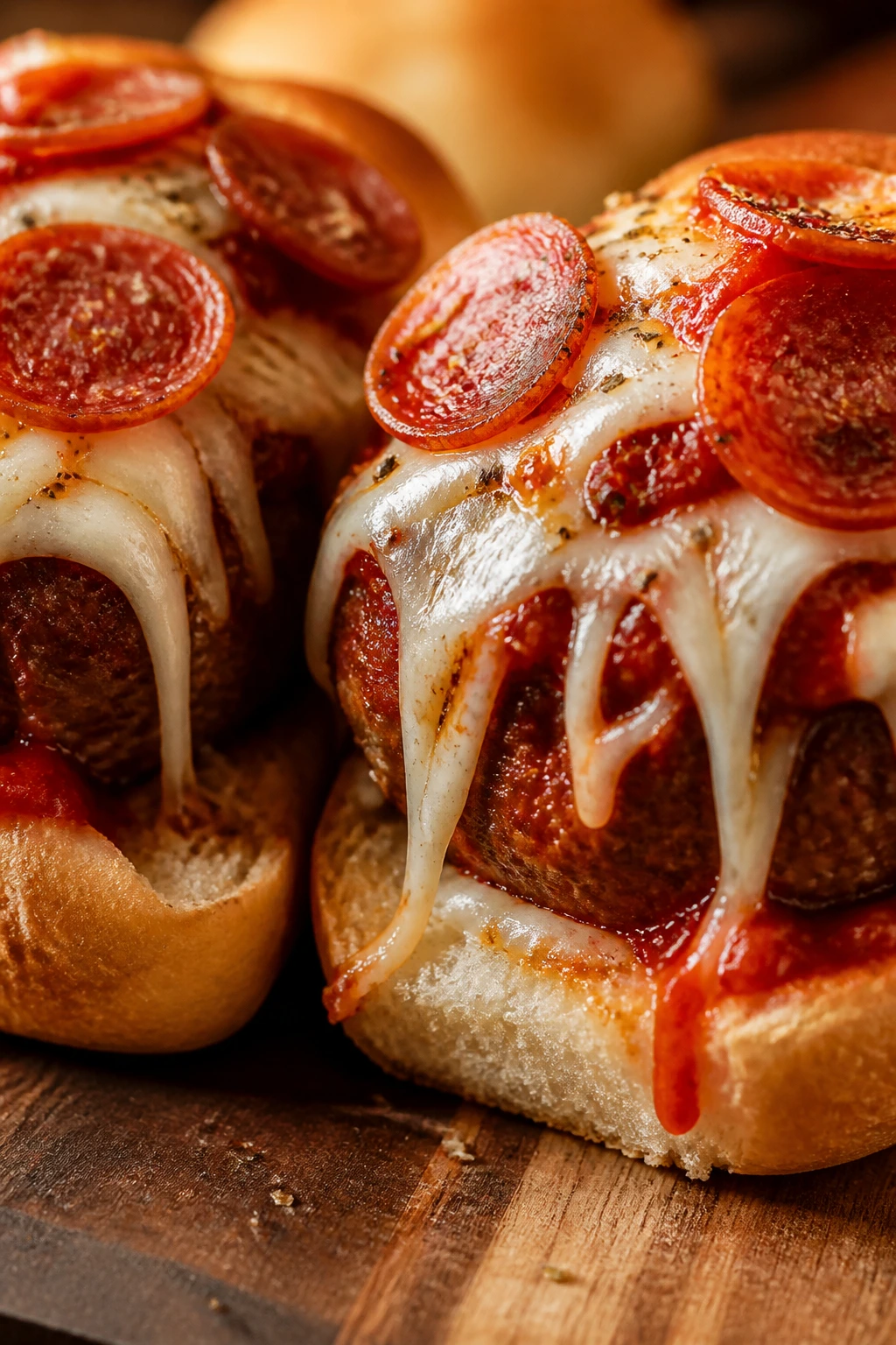 Pizza-flavored meatball sliders with marinara and pepperoni