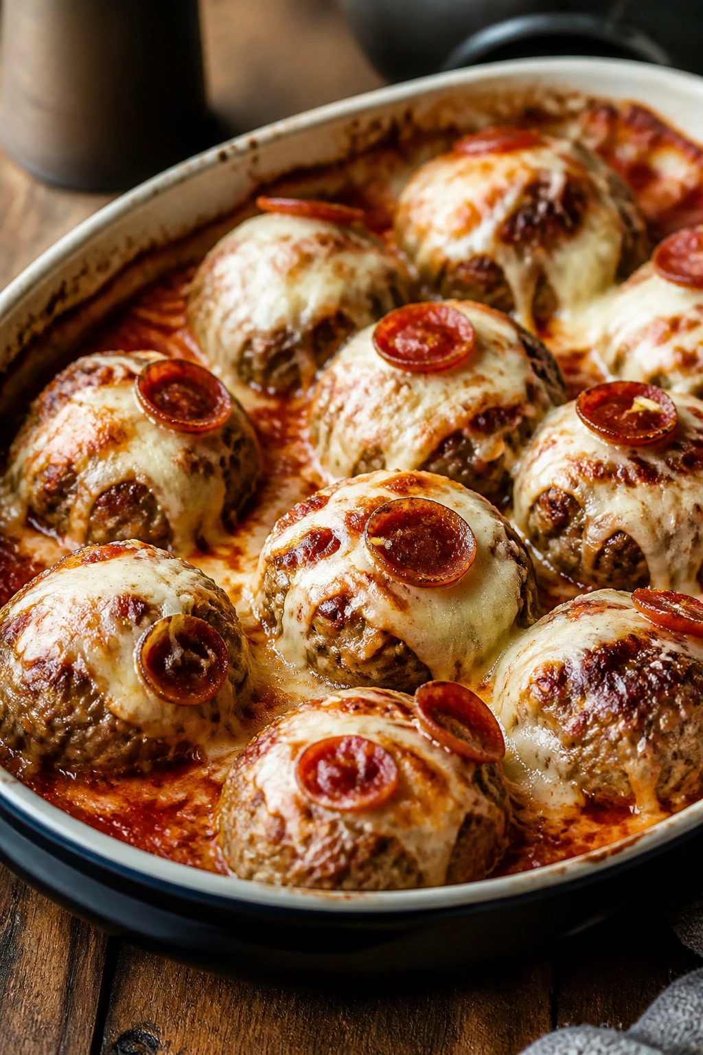 Close-up of pizza-parlor style meatballs with mozzarella in marinara