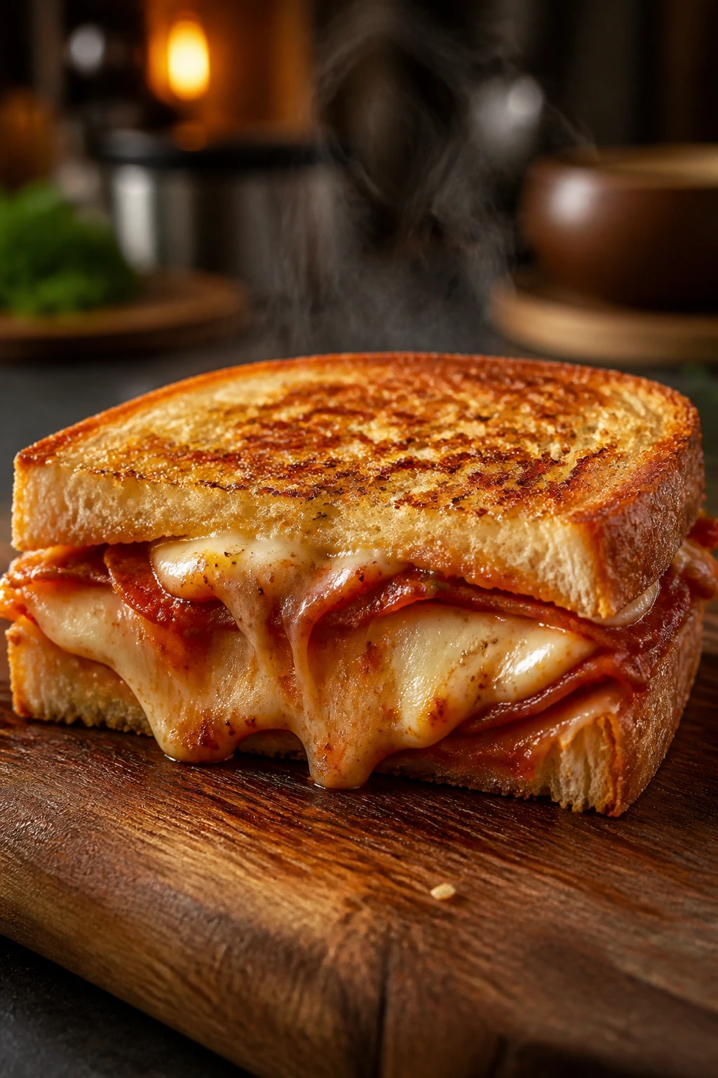 Gooey pizza melt on a wooden board