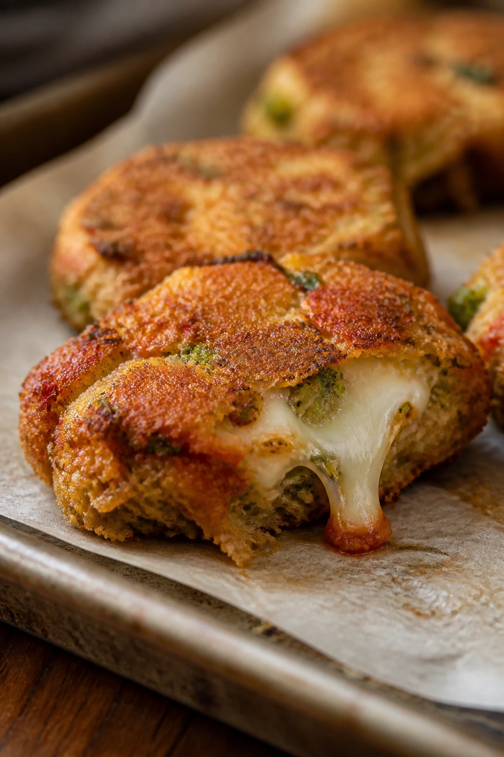 Close-up of pizza-style mozzarella veggie nugget with cheese on parchment