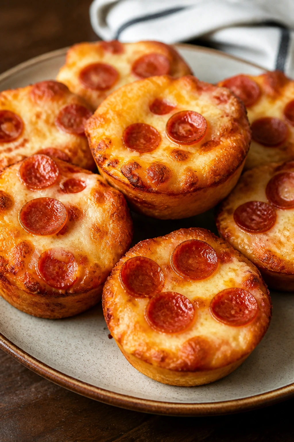 Plate of mini pepperoni pizza muffins
