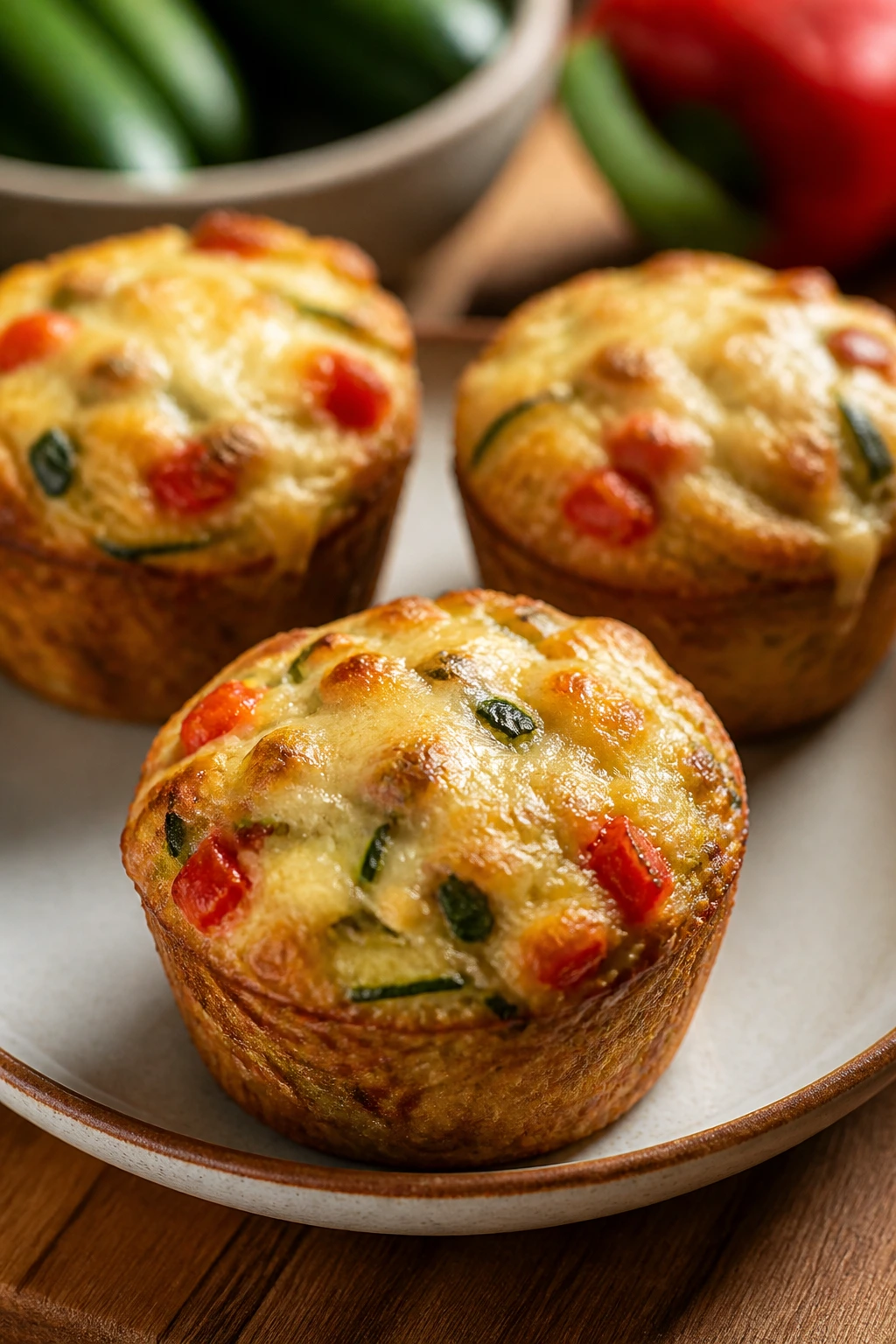 Close-up of veggie-packed pizza muffins on a plate in a cozy kitchen