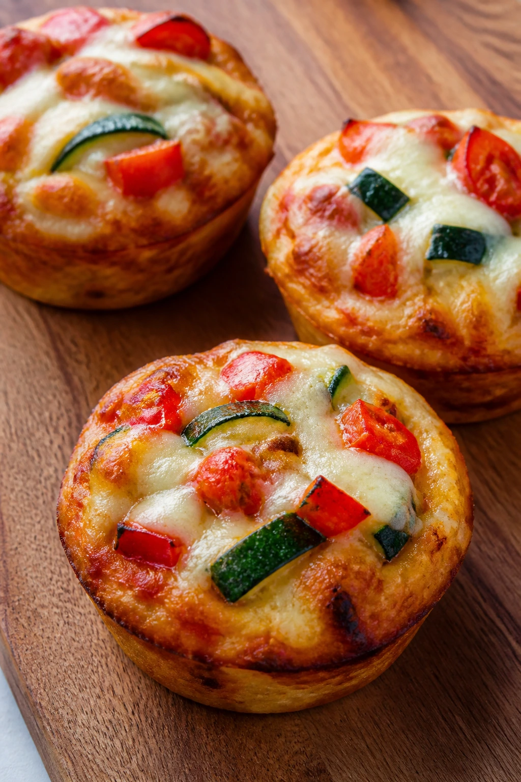 Close-up of veggie-packed pizza muffins on a wooden counter