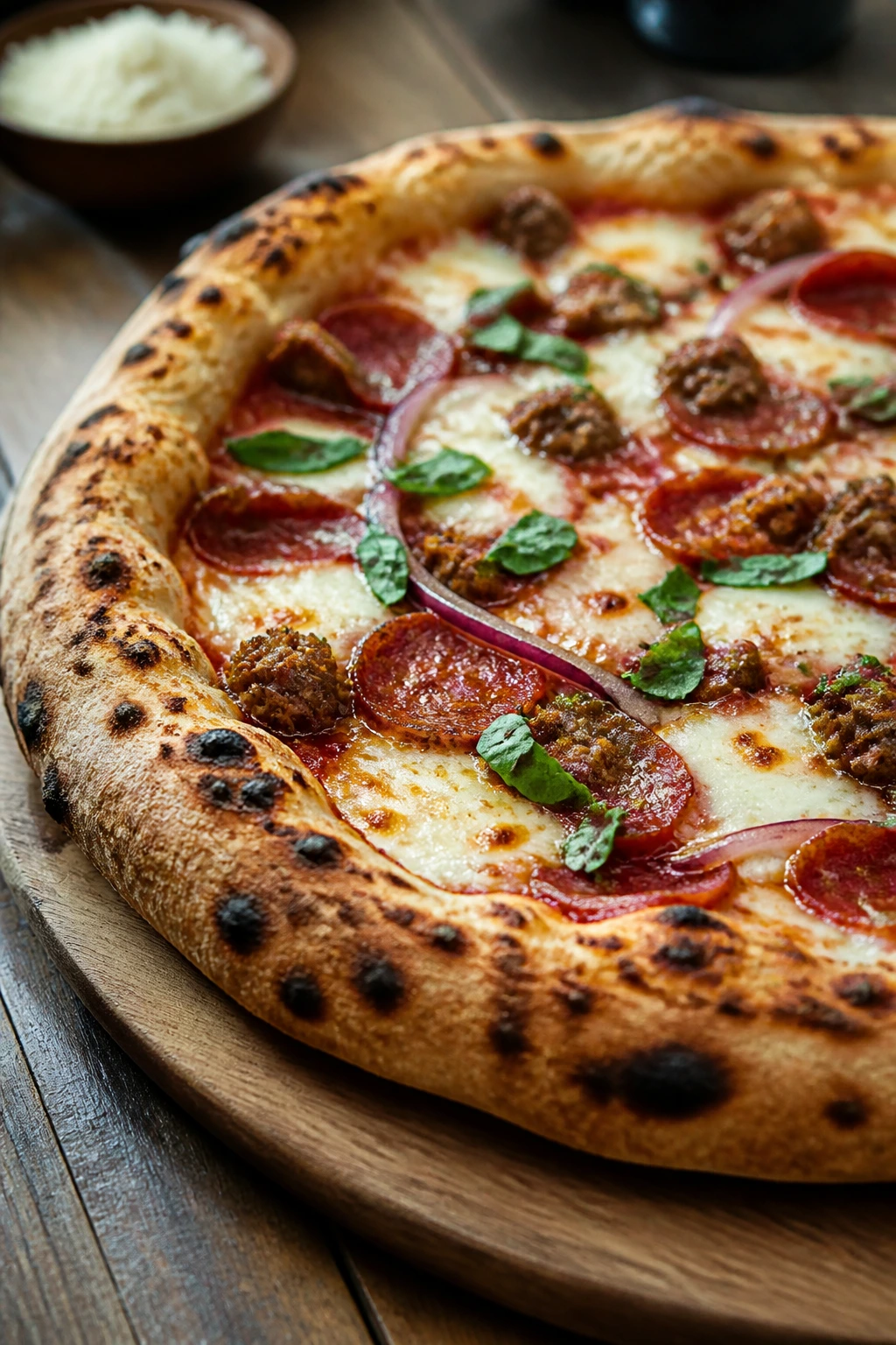 Freshly baked pizza with blistered crust and bubbling cheese on a rustic table