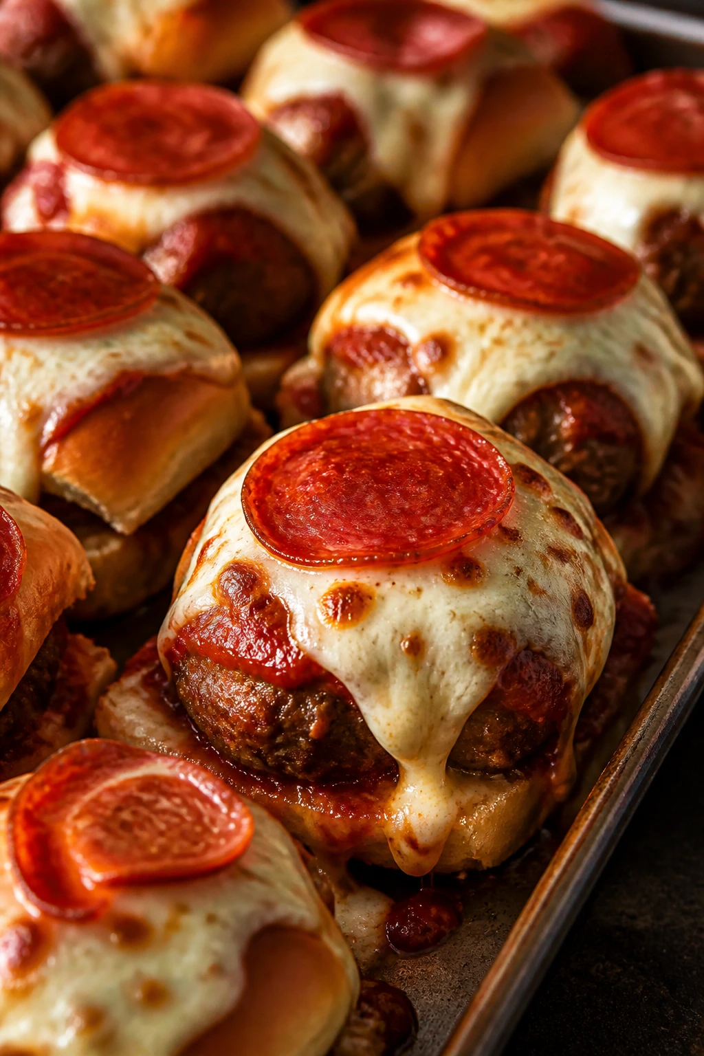 Close-up of Pizza Night sliders with pepperoni and mozzarella
