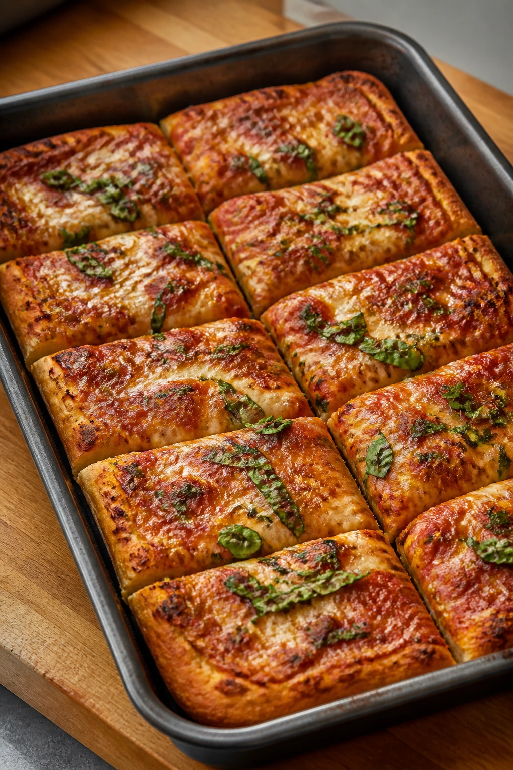 Pan of rectangular pizza cut into long rectangles on a wooden counter