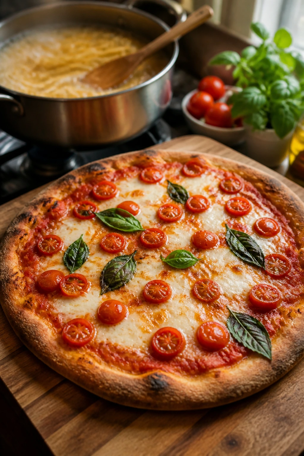 Pizza center stage with a pot of pasta blurred in the background