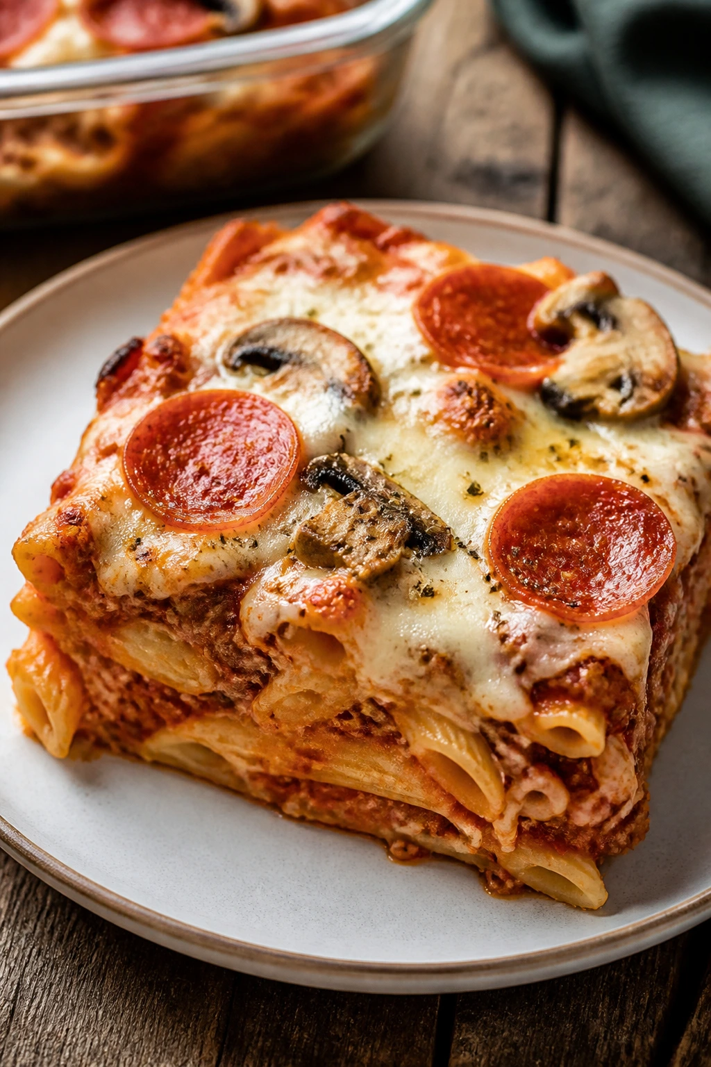 Cheesy baked penne with pepperoni on plate