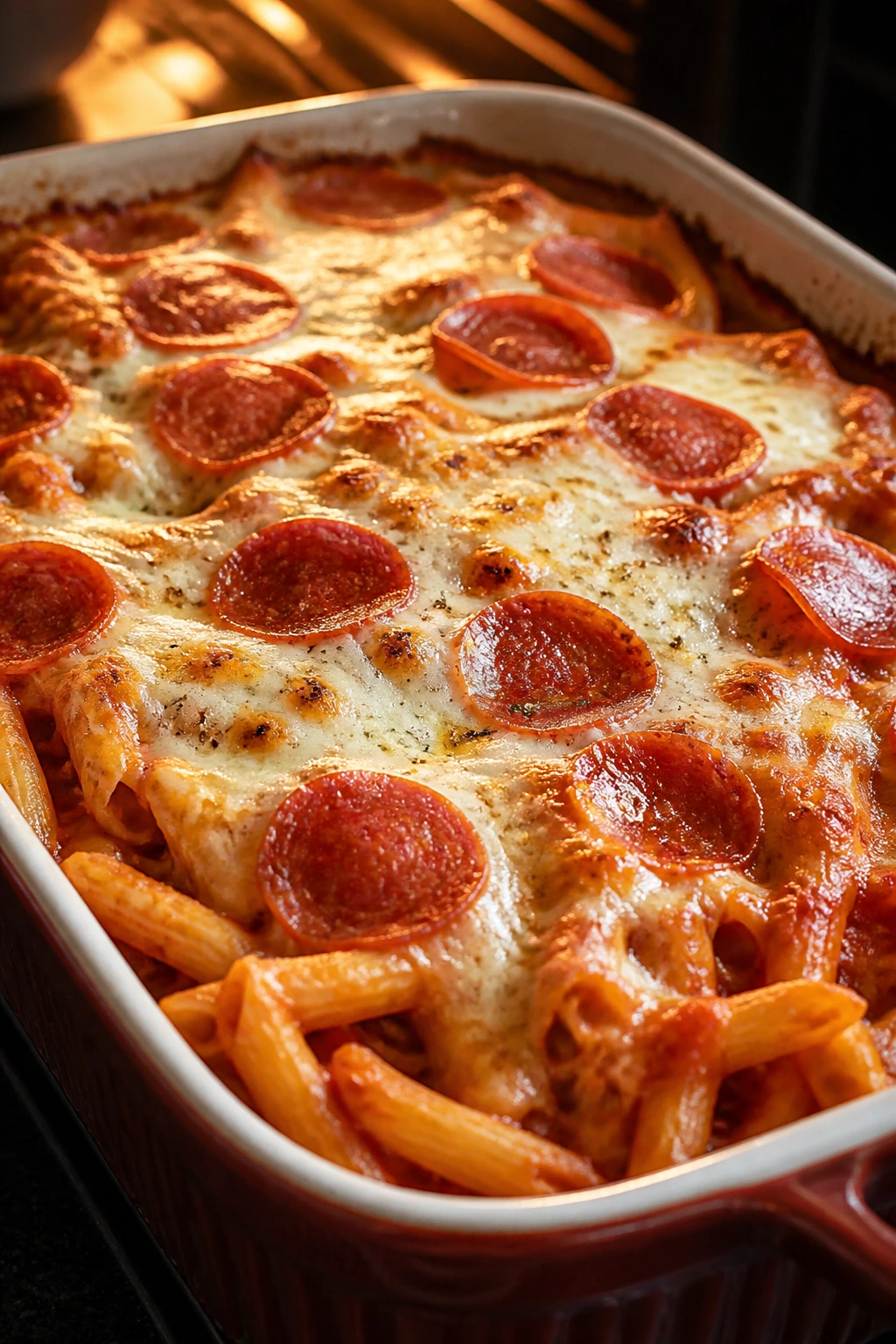 Bubbling pasta bake with cheese in a rectangular dish on a warm kitchen counter