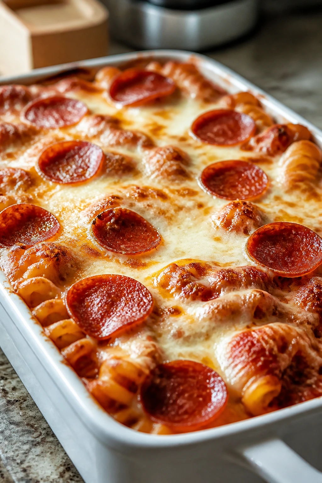 Baking dish of pizza pasta bake with pepperoni and melted cheese
