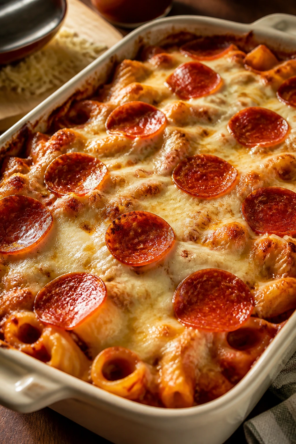 Bubbly pizza pasta bake with cheese and pepperoni