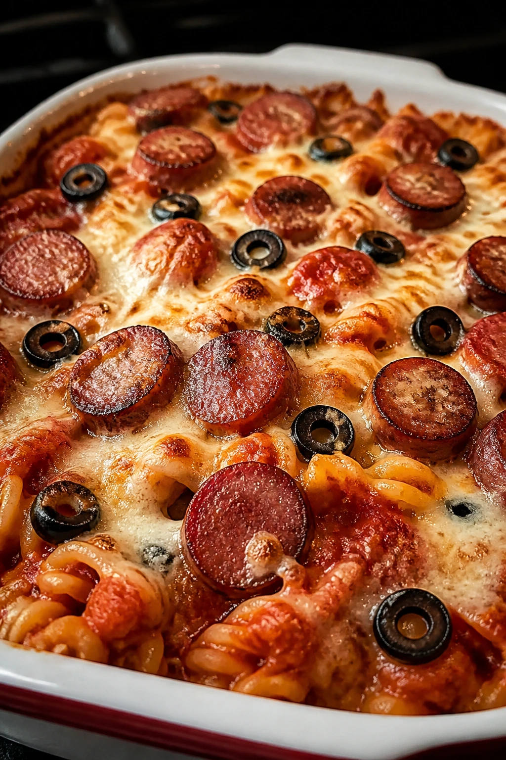 Close-up of Pizza Pasta Bake with Smoked Sausage in a baking dish