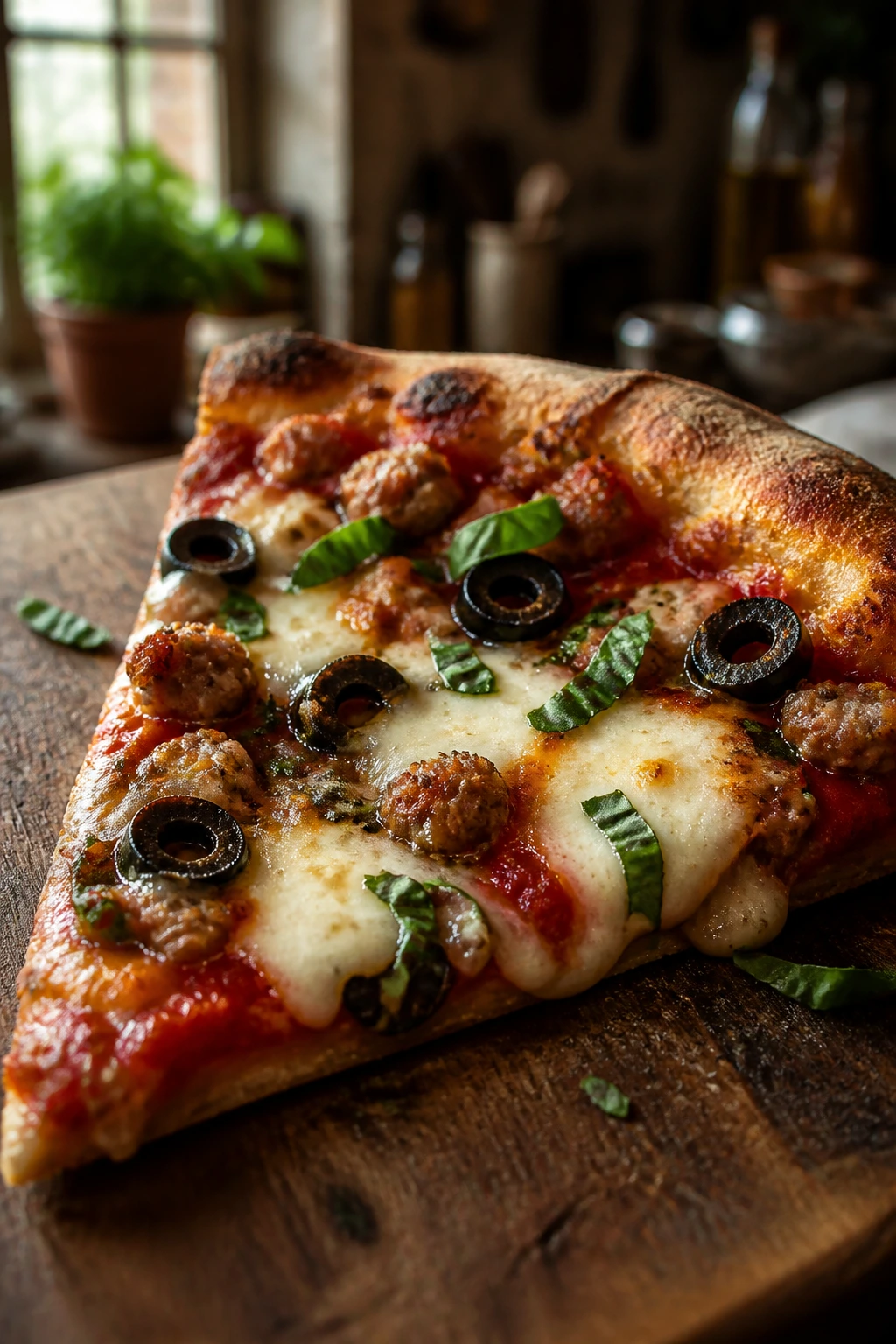 Close-up of a pizza slice with blistered crust, olives, sausage, and basil on a wooden board